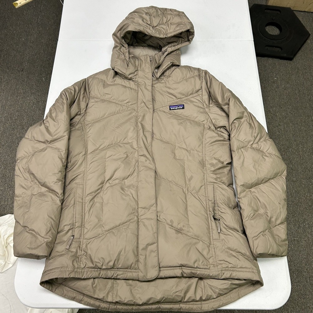 Patagonia Down With It Parka Womens L Tan Brown Hooded Puffer Jacket 28441